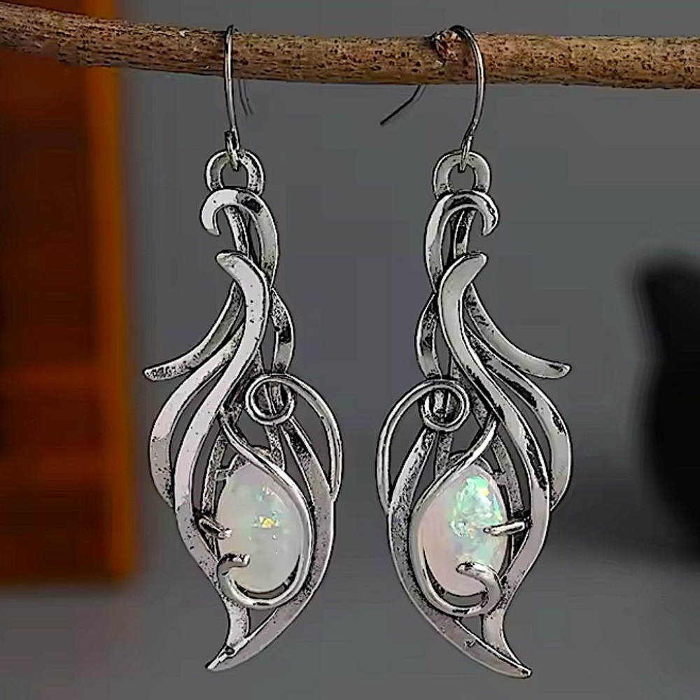 Vintage Opalescent Silver Dangle Earrings Bohemian Tribal Artisan Handmade